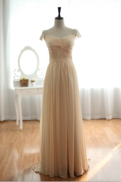 Long Champagne Chiffon Dress With Beaded Cap Sleeves