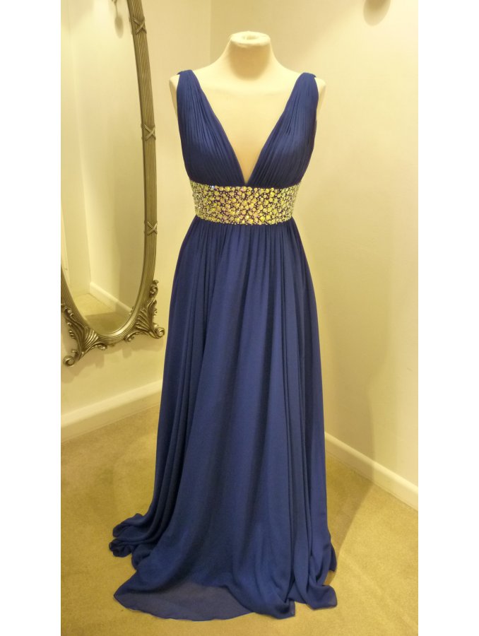V Neck Royal Blue Long Chiffon Evening Dress With Beaded Waist