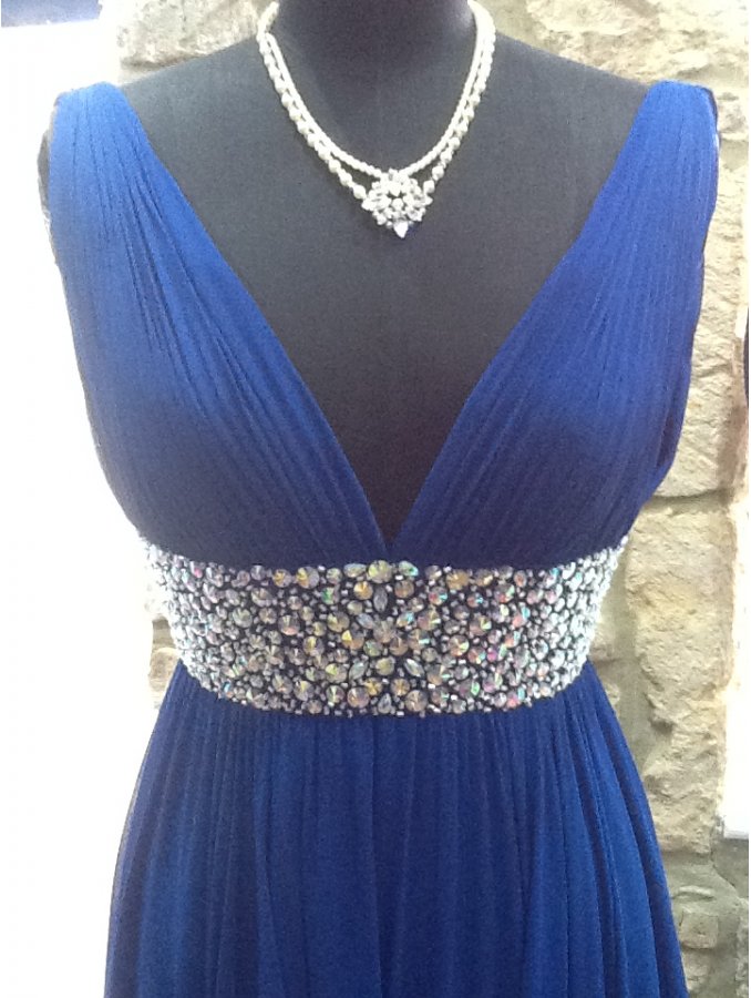 Sheath Sleeveless V-neck Pleated Long Dress Royal Blue