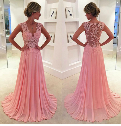 V Neck Floor Length Long Evening Dress With Illusion Back