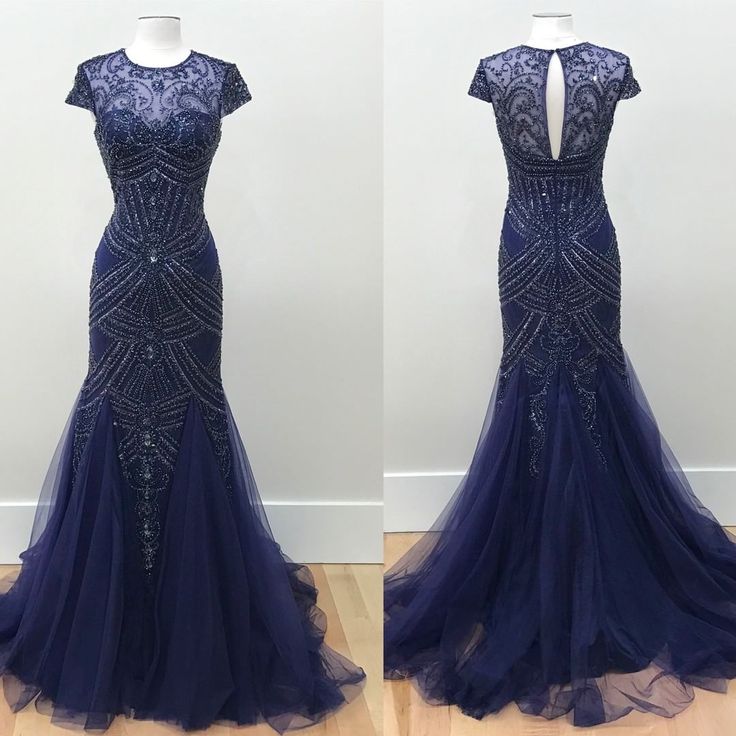 Vintage Halter Beaed Navy Blue Chiffon Mermaid Prom Dress Long Party Evening Dress Y7504