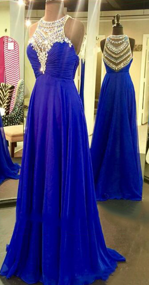Illsuion Neck Long Chiffon Royal Blue Prom Dress With Beading