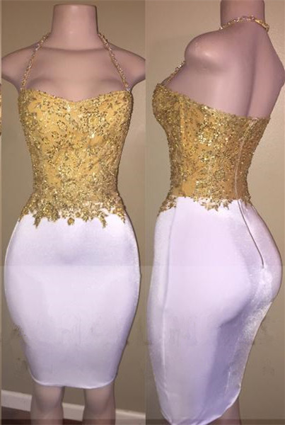 Fitted Tea Length Prom Dress With Gold Appliques