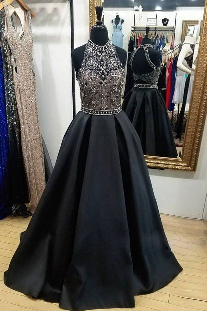 Black High Neck Lace Beads Long Prom Dress