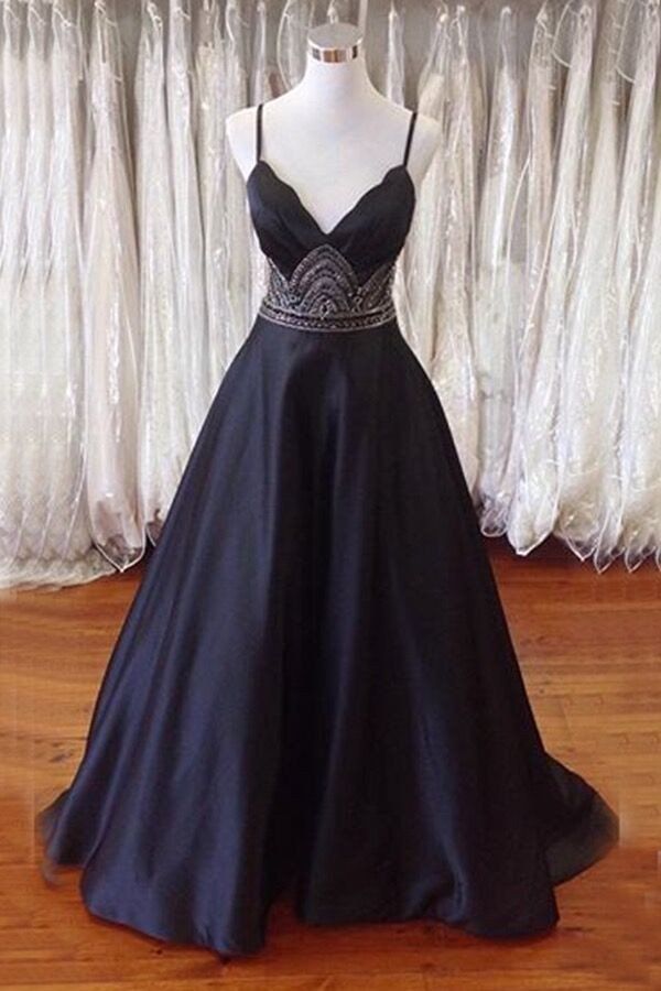 Spaghetti Straps Open Back Black Prom Dress With Beading