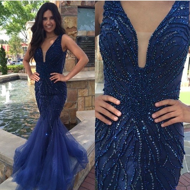 Plunging Neck Navy Mermaid Prom Dress with Beads