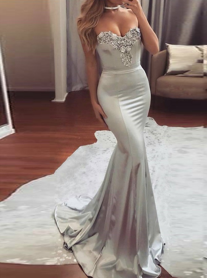 Sleeveless Silver Long Mermaid Prom Dress With Beads