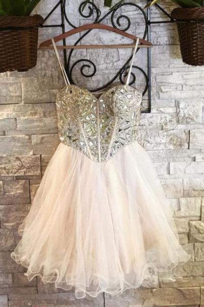 Spaghetti Straps Short Graduation Homecoming Dress With Crystals