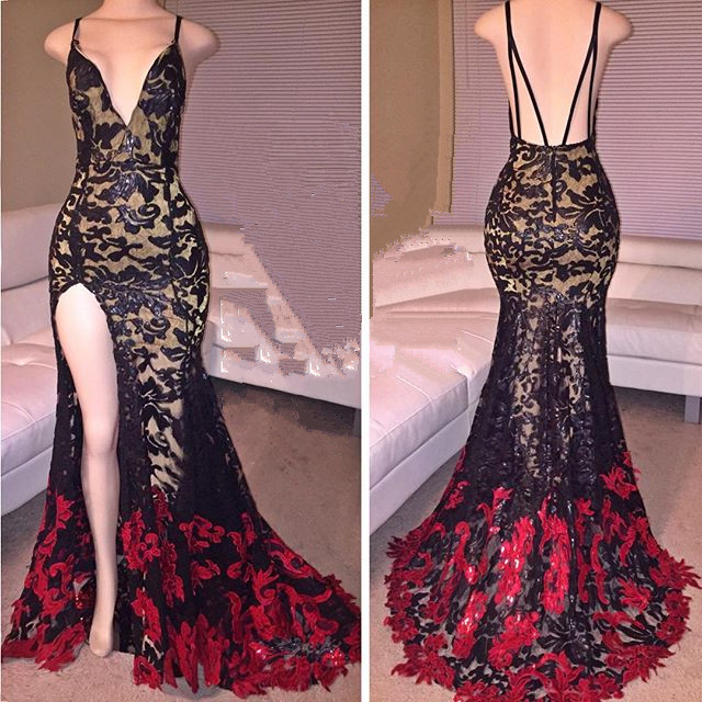 Plunging Neck Prom Dress With Red Floral