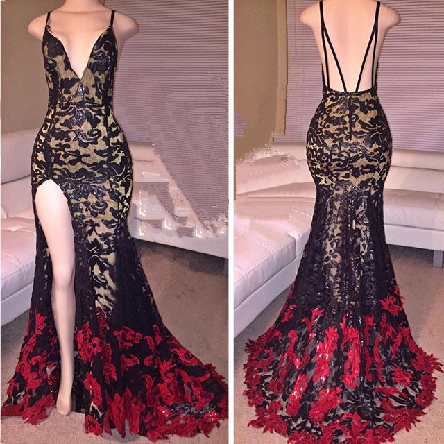 Plunging Neck Prom Dress With Red Floral on Luulla