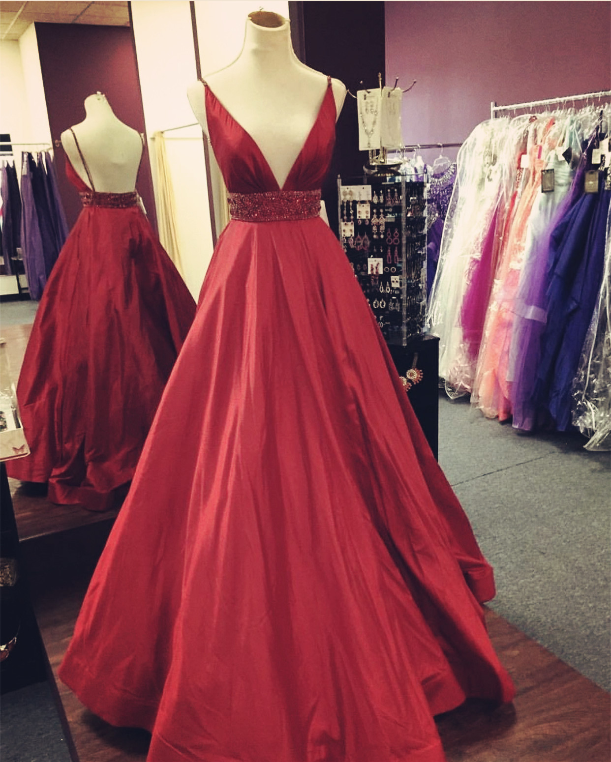 Dark Red Spaghetti Strap Plunging V Beaded A-line Long Prom Dress, Evening Dress Featuring Open Back