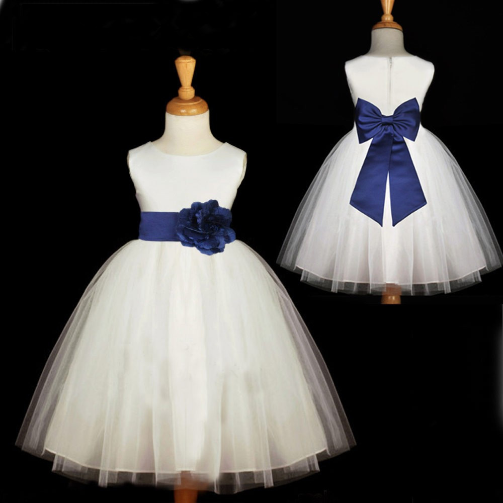 Flower Girl Dress With Navy Bow Sash 