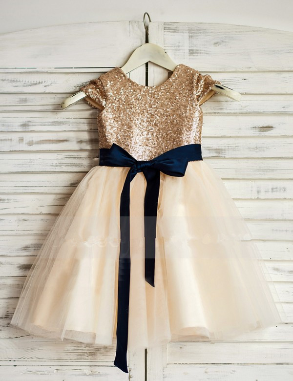 Sequin Bodice Flower Girl Dress With Navy Sash