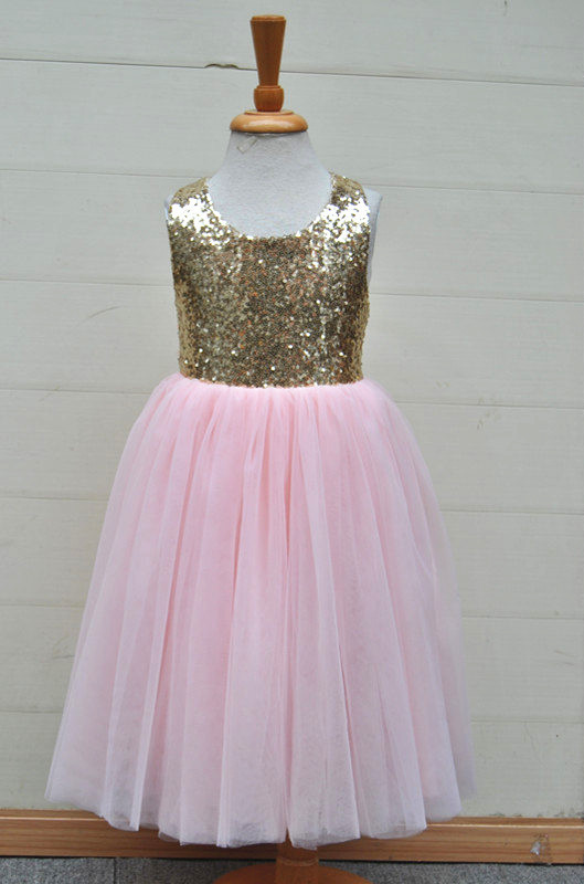 New 2 Pieces Sequin Top Blush Pink Chiffon Skirt Flower Girl Dresses. FG059