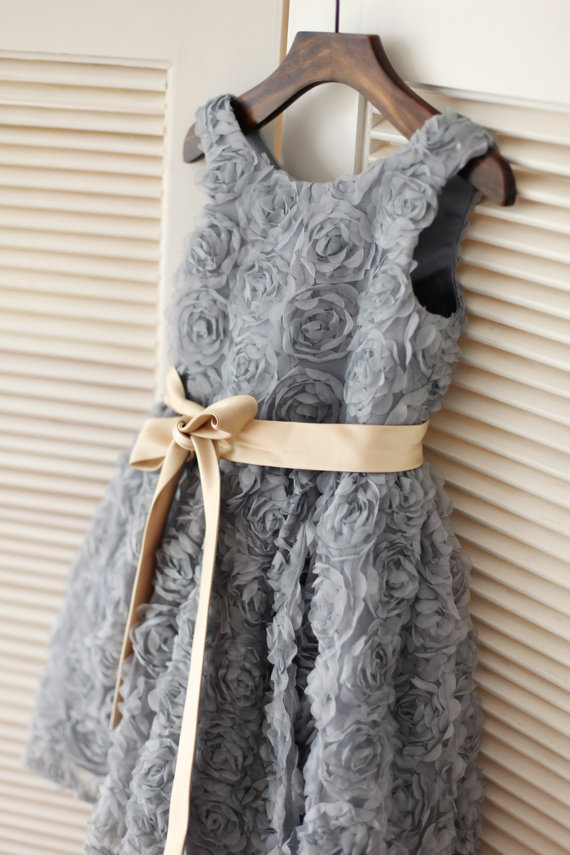 Gray 3d Floral Flower Girl Dress With Champagne Sash