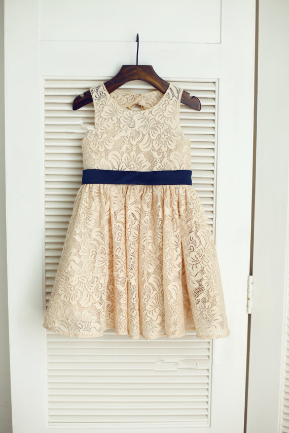 Champagne Lace Flower Girl Dress With Navy Bow Sash