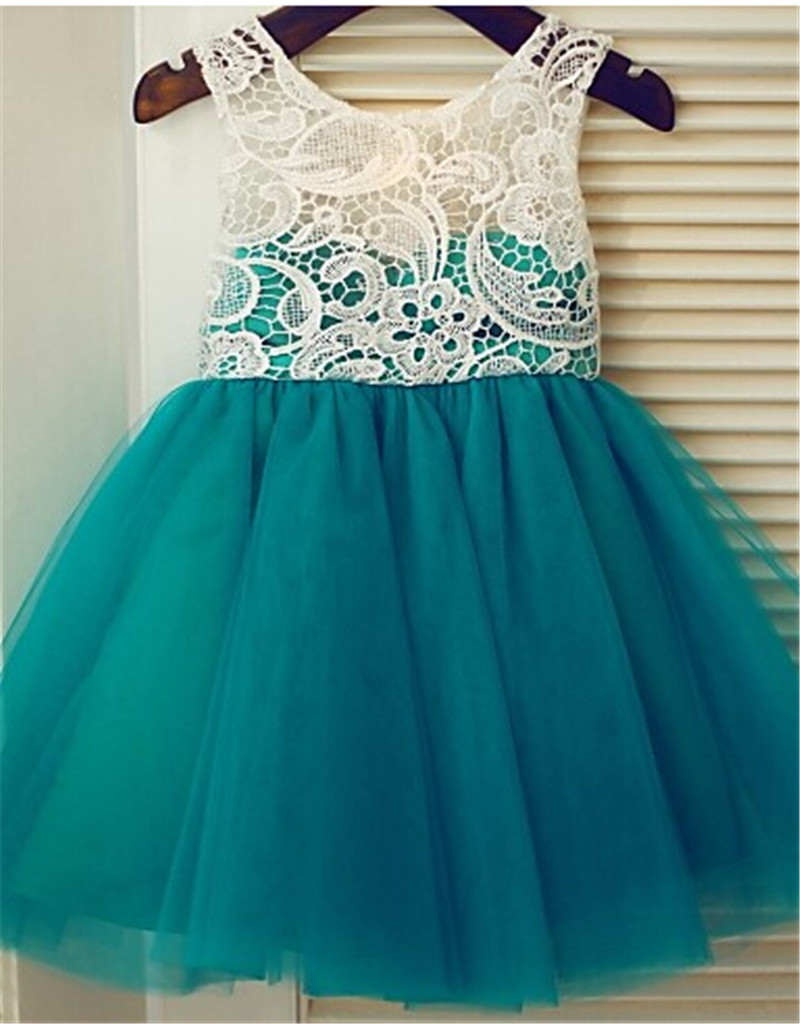 Peacock Blue Flower Girl Dress With Ivory Lace Bodice