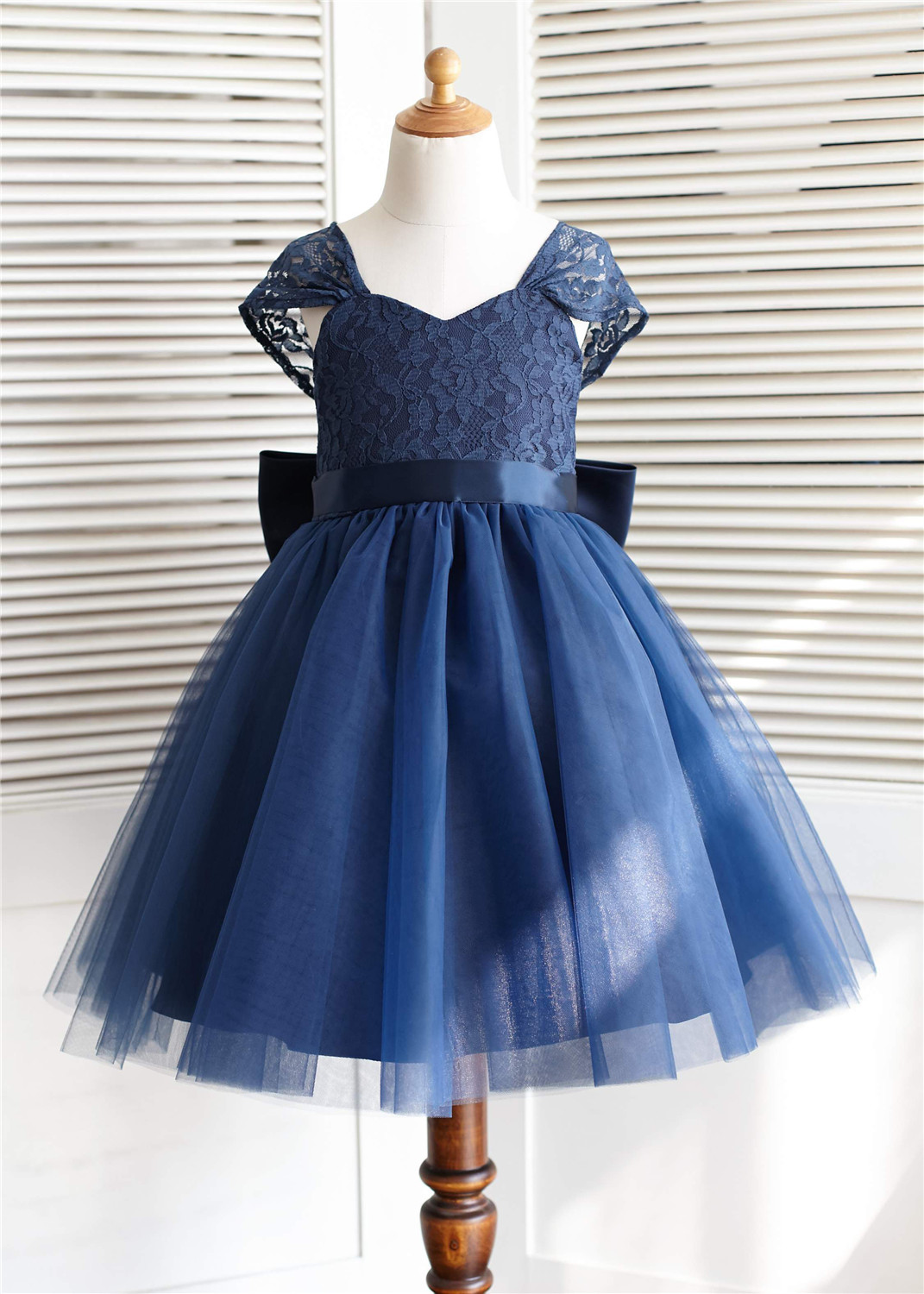 Cap Sleeves Navy Blue Flower Girl Dress With Bow on Luulla