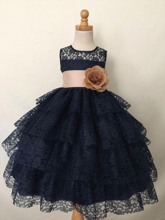 Tiered Navy Lace Flower Girl Dress With Wide Waistband