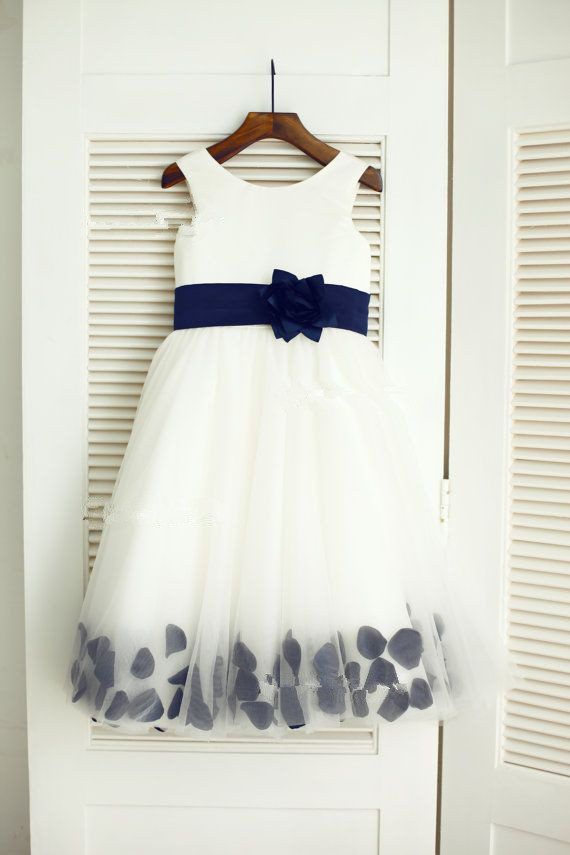 White Flower Girl Dress With Navy Belt