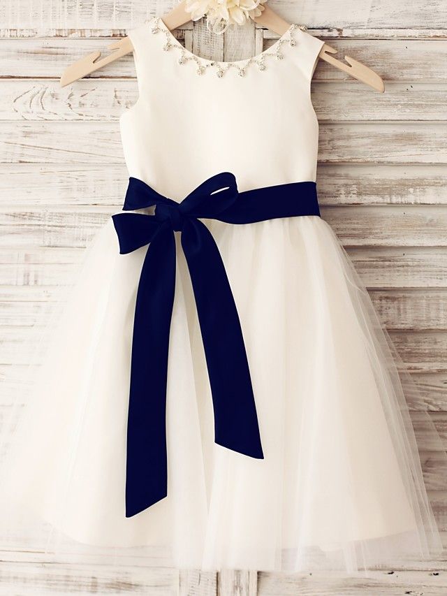 White Flower Girl Dress With Beaded Neckline