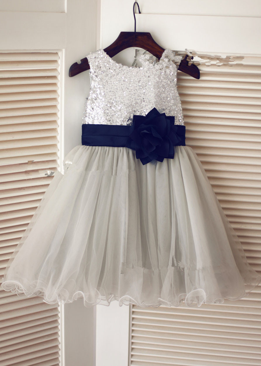 Grey/navy Flower Girl Dress With Sequin Bodice