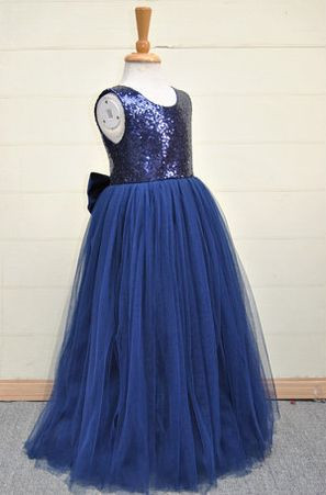Long Navy Girl Pageant Dress With Back Bow