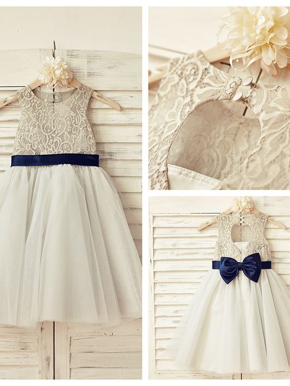 Pale Grey Flower Girl Dress With Navy Sash