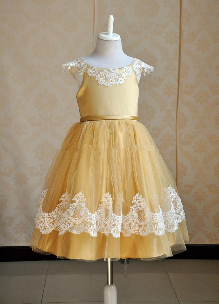 Cap Sleeves Gold Flower Girl Dress With Ivory Lace Trim