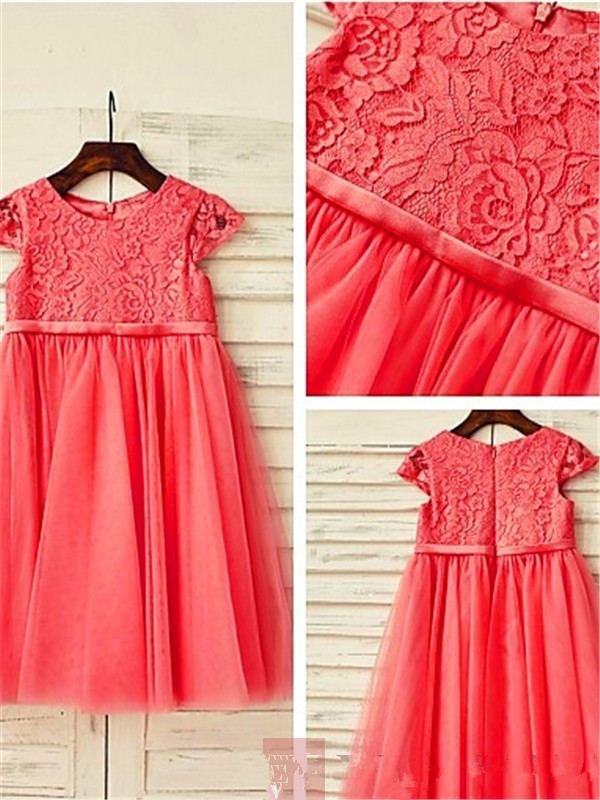 Scoop Short Sleeves Lace Tea-length Tulle Flower Girl Dresses