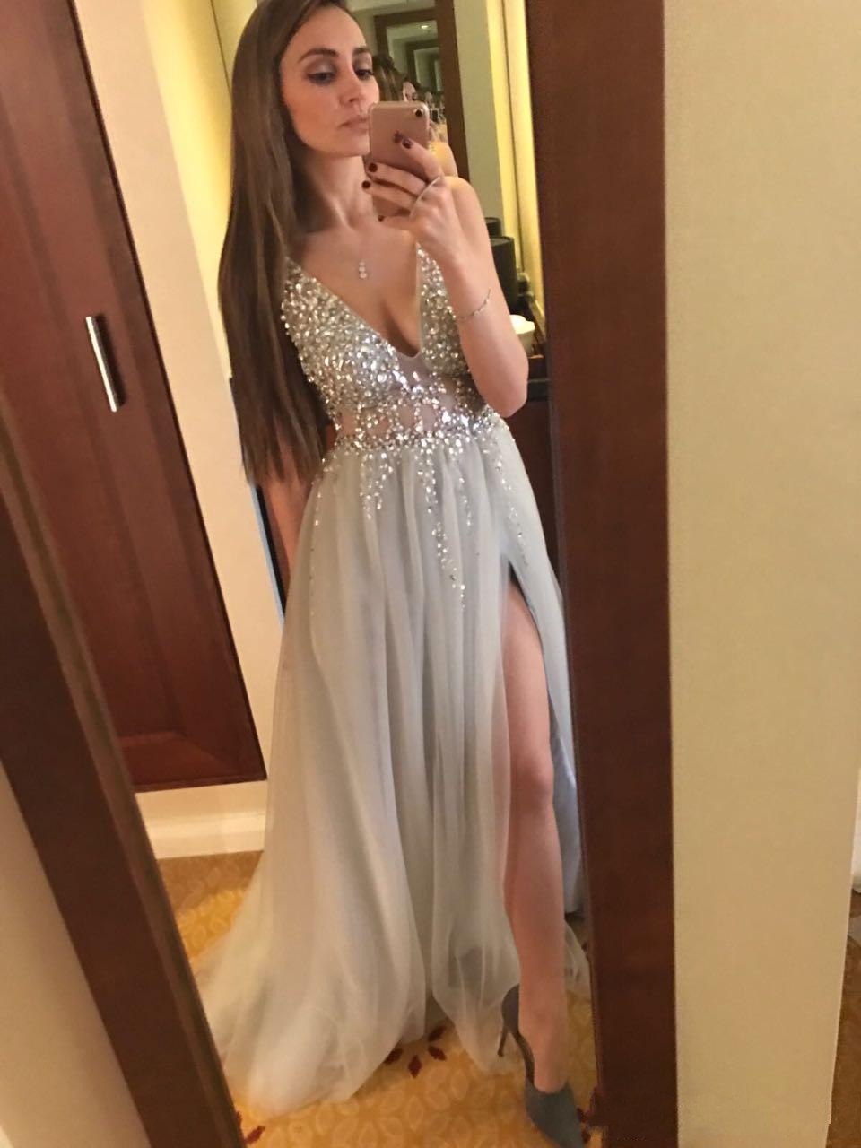 V Neck Beaded Prom Dress With Sllt