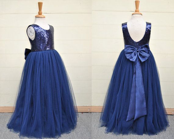 Dark Blue Flower Girl Dress With Sequin Bodice
