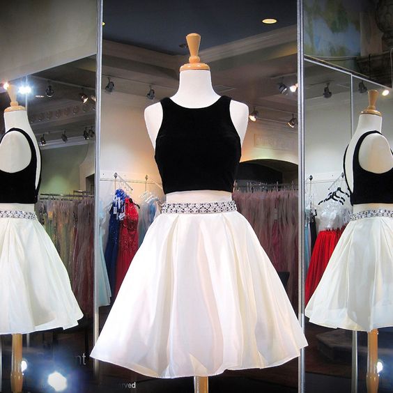 Black Top White Skirt Short 2 Pieces Homecoming Dress Graduation Dress