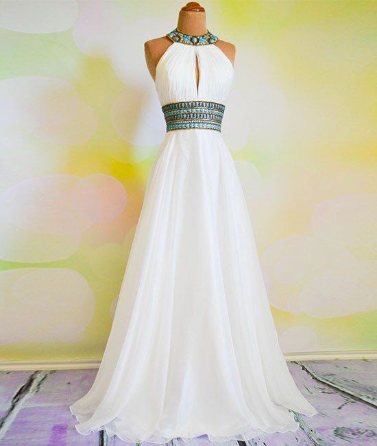 open lace back dress Elegant White Halter Sleeveless Mermaid Lace Prom Dress Column Backles –  Ballbella main image 0
