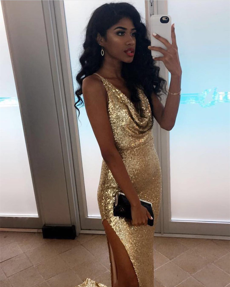 Gold Sequin Prom Dress With Side Slit