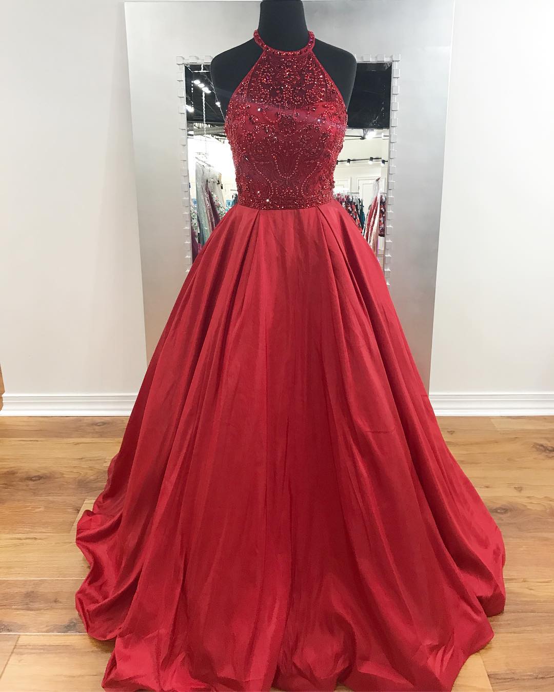 Halter Dark Red Long Prom Dress With Beads