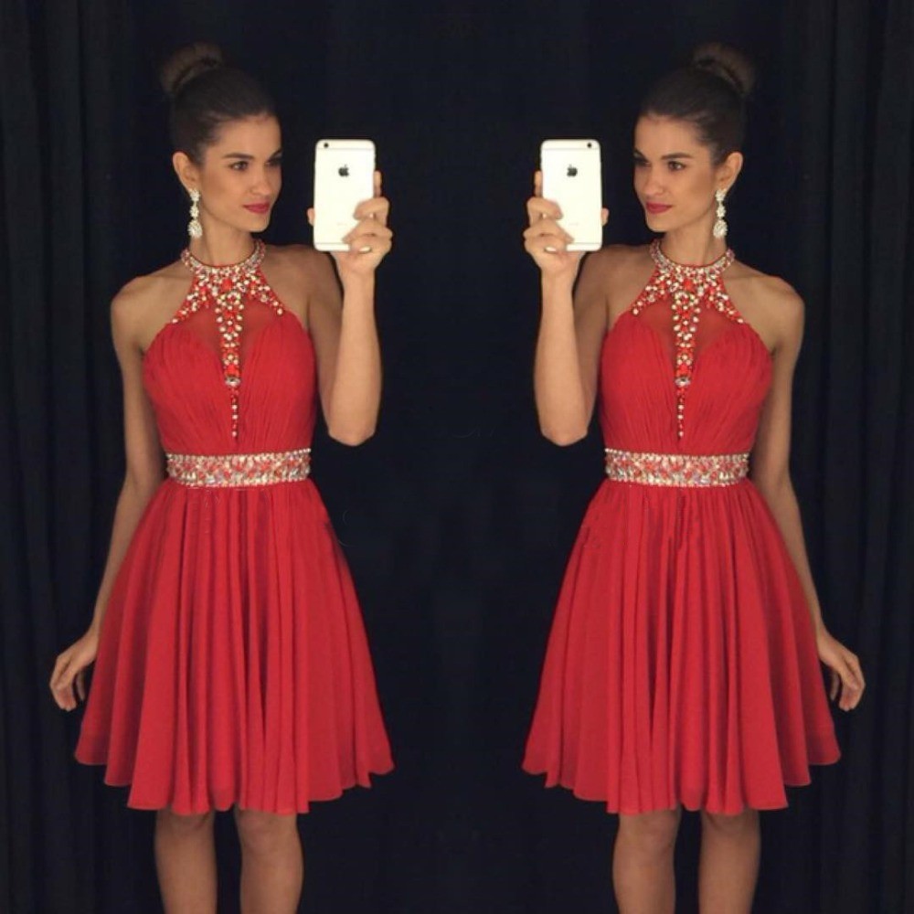 Short Halter Red Homecoming Dress With Crystals