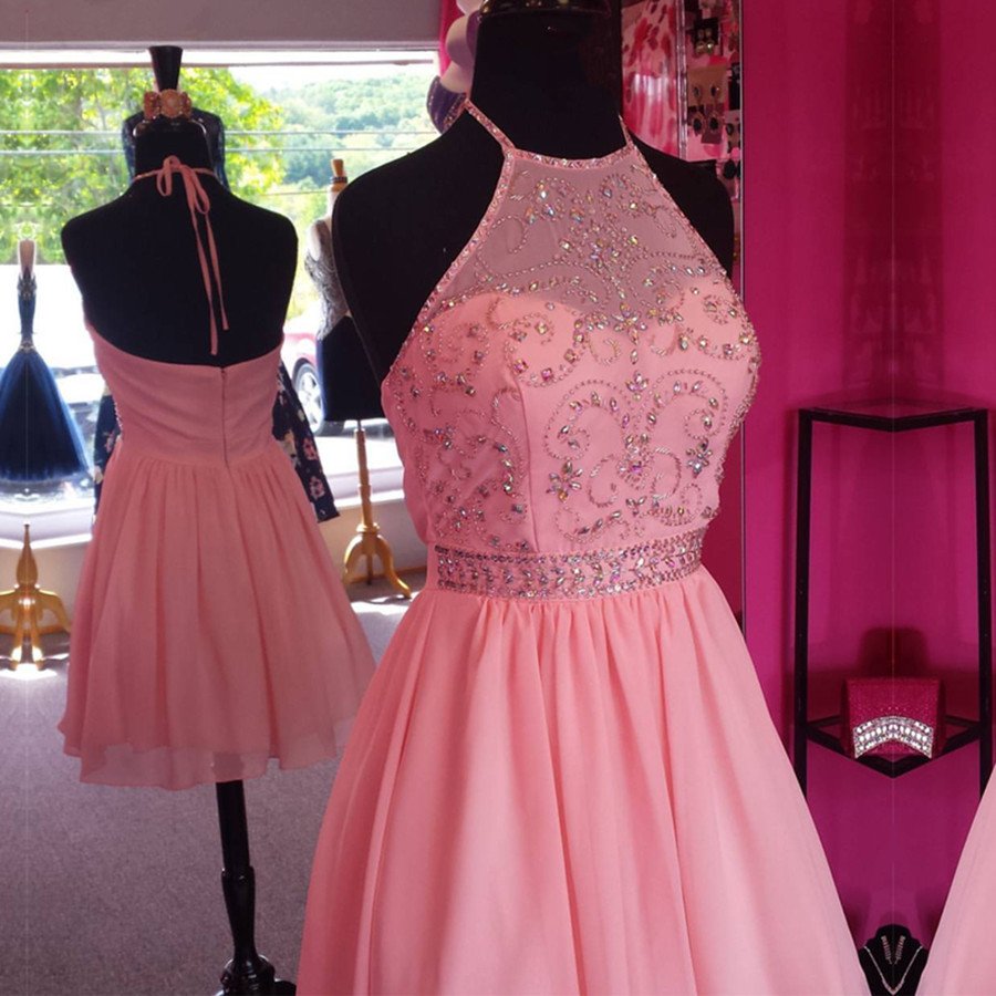 Nude Pink Short Halter Homecoming Dress With Beads