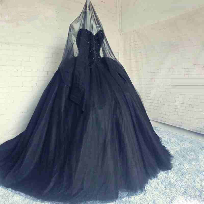Sleeveless Sweetheart Black Ball Gown Wedding Dress With Beaded Bodice