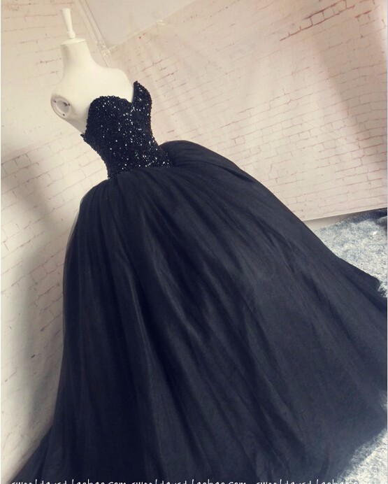 Sleeveless Sweetheart Black Ball Gown Wedding Dress With Beaded Bodice ...