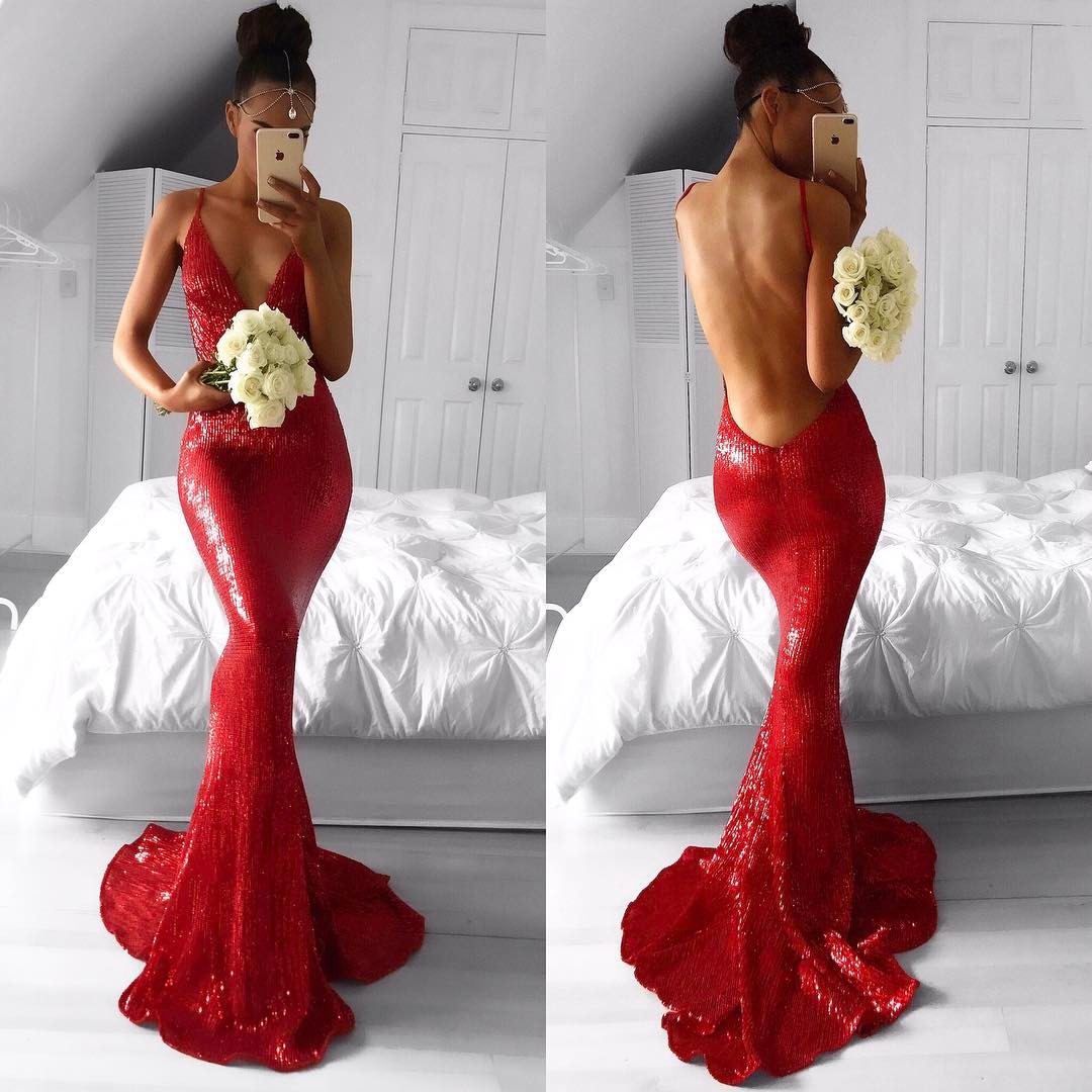Backless Red Sequin Prom Dress 2018