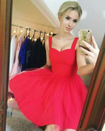 Niulatu A-line tulle embroidered short prom dress, red homecoming dress HZ1108 main image 0