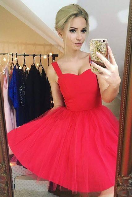 Niulatu A-line tulle embroidered short prom dress, red homecoming dress HZ1108 main image 1