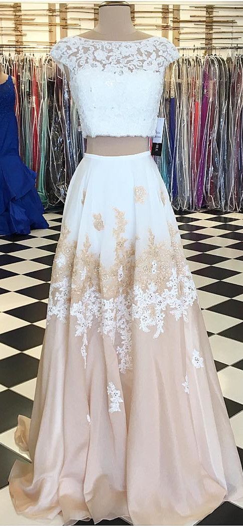 Long Two Pieces Prom Dress With Appliques Lace