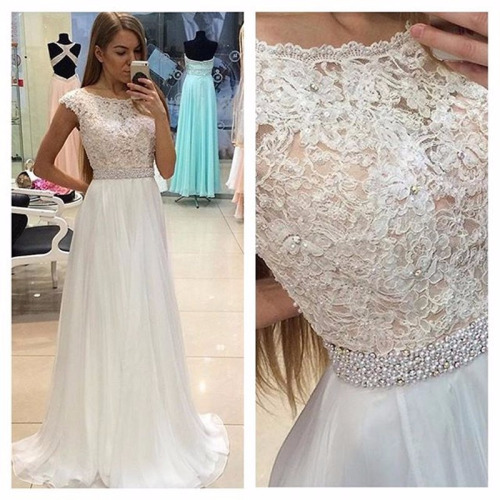 Ivory Long Chiffon Lace Prom Dress With Cap Sleeves