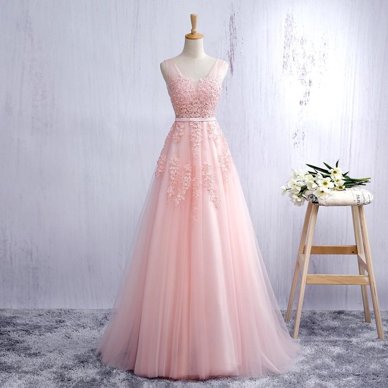 Blush Pink Evening Dress Prom Dress With Lace