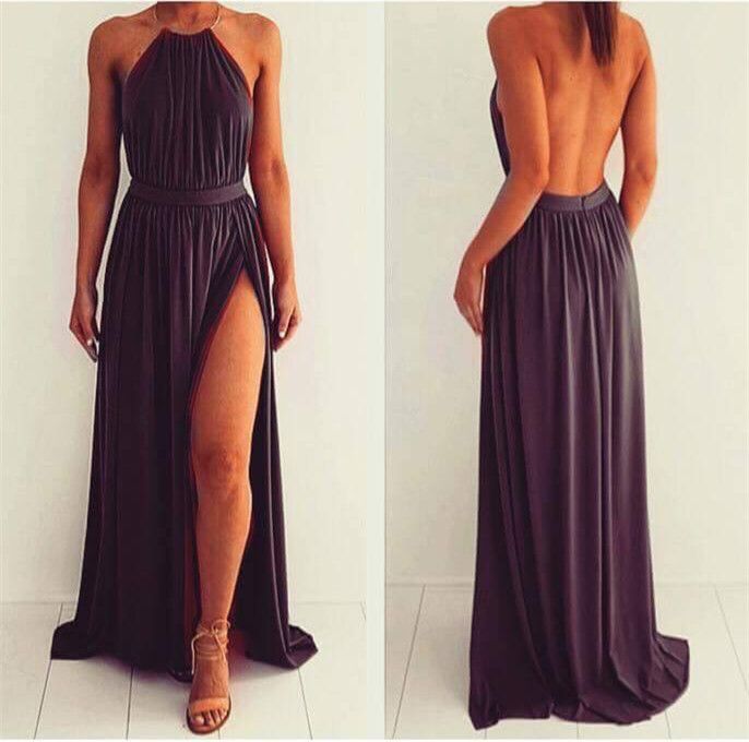 Prettywedding Backless Halter Maxi Dress with Split