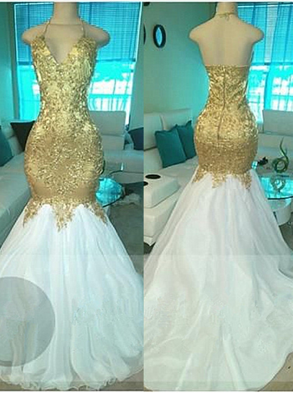 Elegant Halter Mermaid Prom Dress, Sleeveless Tulle Gown, Applique Embellished Court Train