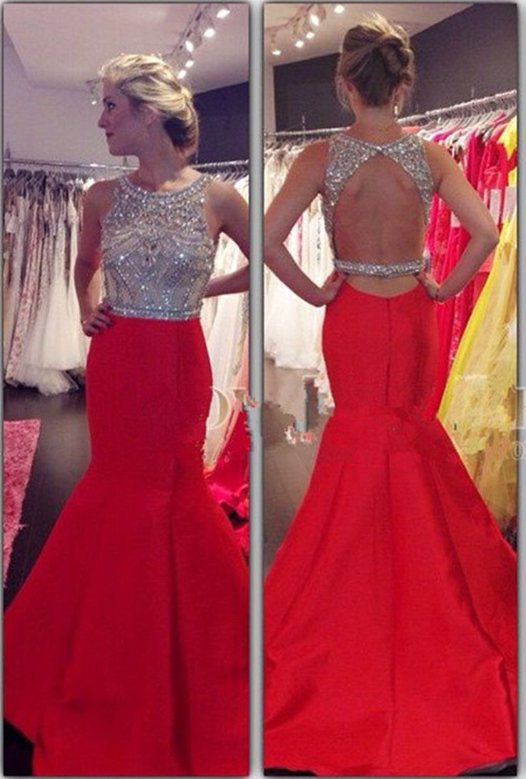 Backless Red Mermaid Prom Dress With Beads