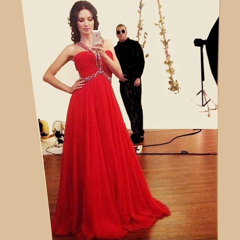 Halter Long Red Tulle Prom Dress